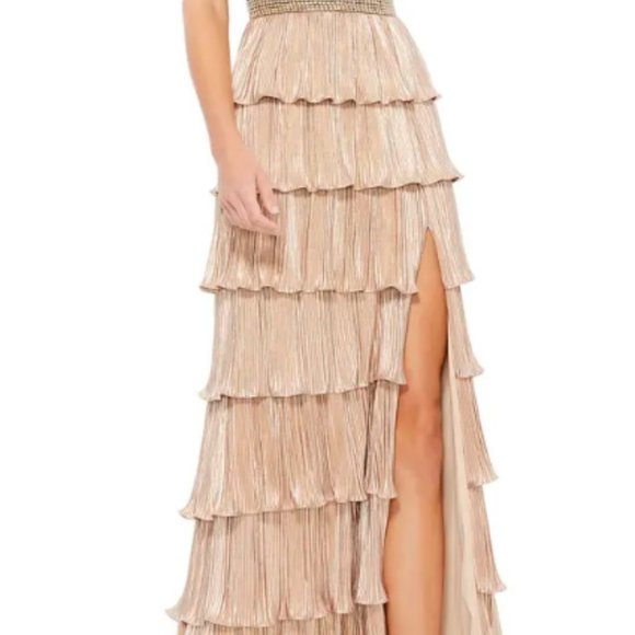 COPY - MAC DUGGAL One-Shoulder Ruffle Tiered Gown in Black Gold Size US 2 NWOT - Picture 2 of 5